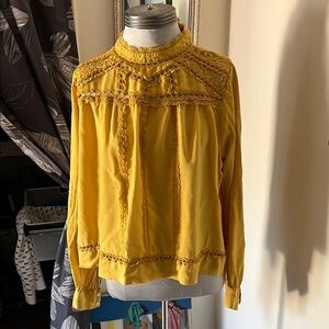 Blue Tassel Yellow Lace Detail Women's Top Long Sleeved Size L